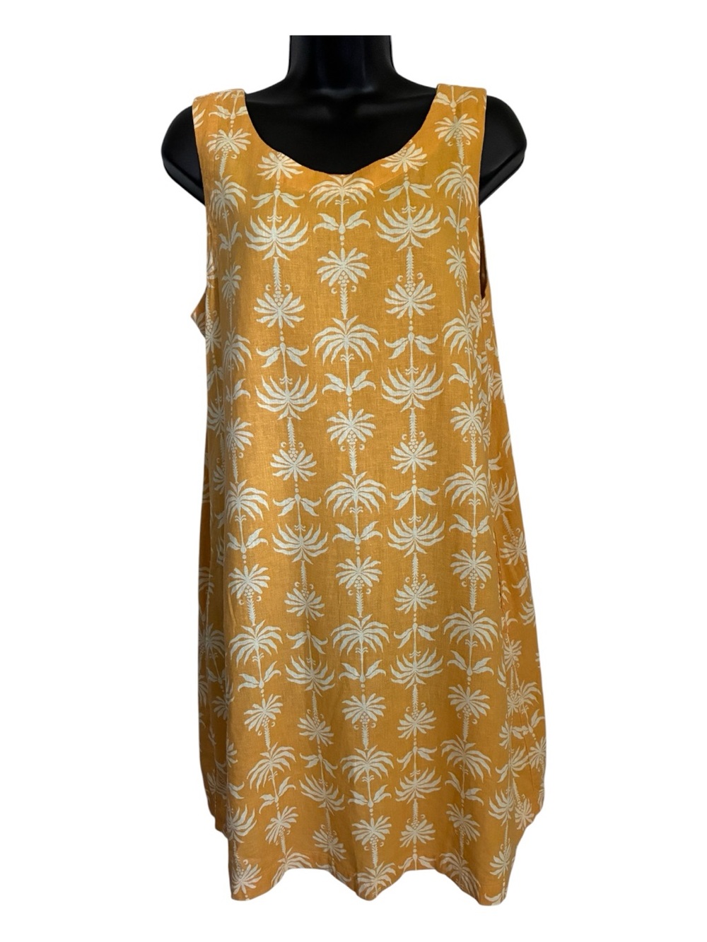 Sleeveless Yellow Tropical Palm Print Linen European Summer Shift Dress Sz M